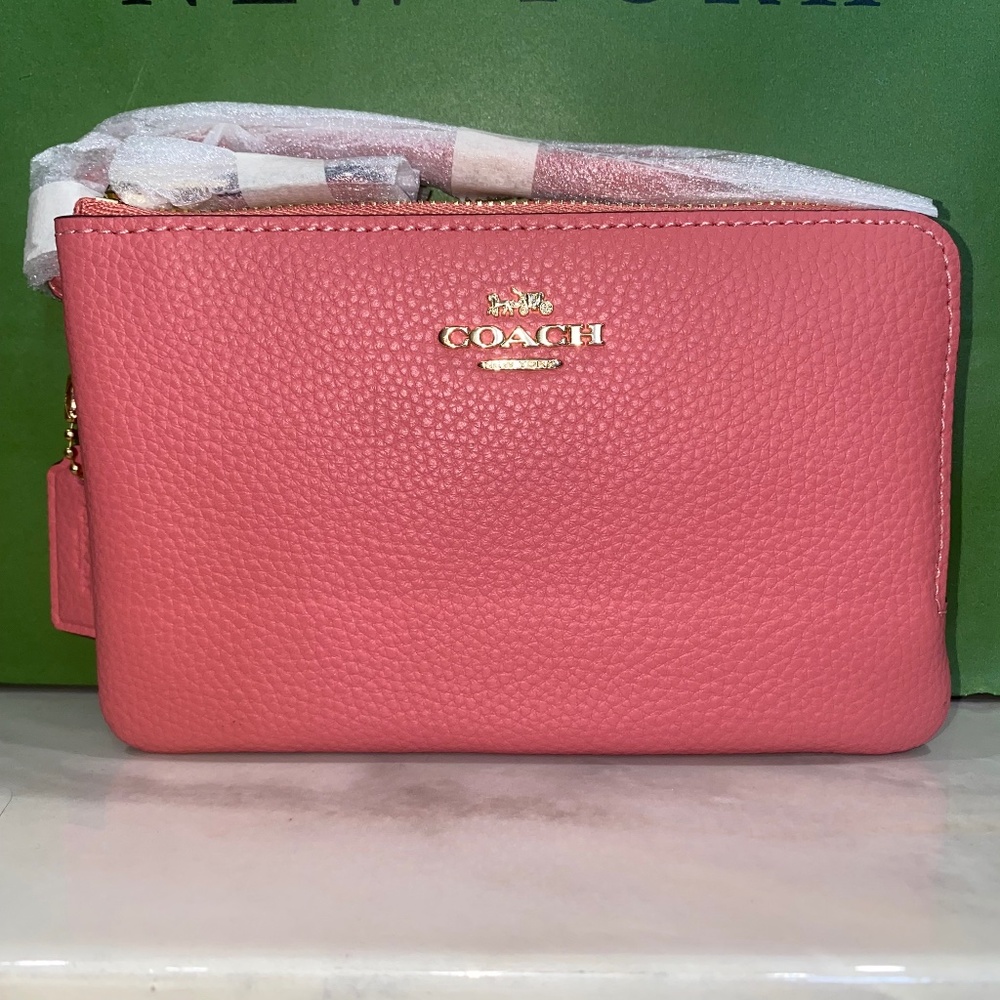 Coach Pink double zip pebbled Leather Wristlet